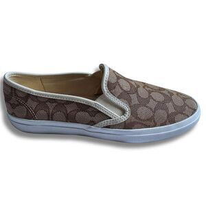 Coach Chrissy Sneakers 9.5 Beige Brown Jacquard Signature C Slip-On Shoes Loafer